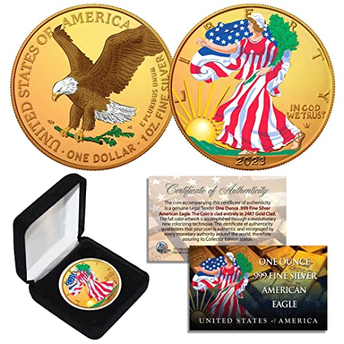 Combo 24K Gold Gilded/Color 2018 American Silver Eagle 1 Oz .999 Coin w/Box