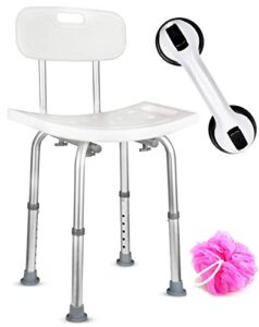 dr. maya bath and shower chair seat with back (adjustable) - anti-slip bench bathtub stool for elderly or seniors (bathroom safety) - with free suction assist grab bar