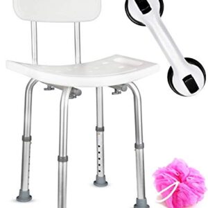 Dr. Maya Bath and Shower Chair Seat with Back (Adjustable) - Anti-Slip Bench Bathtub Stool for Elderly or Seniors (Bathroom Safety) - with Free Suction Assist Grab Bar