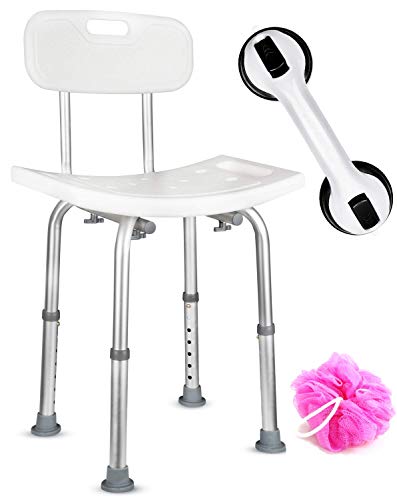 Dr. Maya Bath and Shower Chair Seat with Back (Adjustable) - Anti-Slip Bench Bathtub Stool for Elderly or Seniors (Bathroom Safety) - with Free Suction Assist Grab Bar