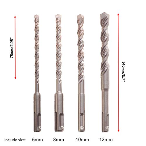 Rannb Rotary Hammer Bit Set SDS Plus Bits Set for Concrete Masonry Wall 6+8+10+12mm - 4pcs