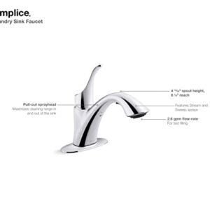 KOHLER K-22035-CP Simplice Laundry Sink Faucet, Single Handle, Pull Down Faucet , 2-function Spray Head, 3-hole Install, Utility Sink Faucet in Polished Chome