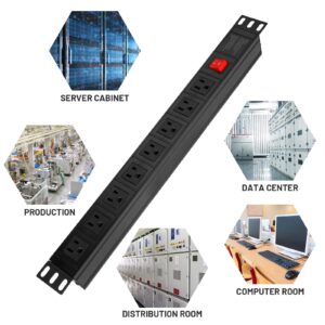 BTU Power Strip Surge Protector Rack-Mount PDU, 8 Right Angle Outlets Wide-Spaced, Mountable Power Strip Heavy Duty for Server Racks, Commercial, 300J (Black 6FT)