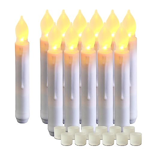 Amagic 12 Pcs Flameless LED Taper Candles, No Remote, Magical Hanging Floating Candles, Battery Operated Candlesticks, Electric Fake Candles Flickering 6.5" for Halloween Party Church Christmas Decor