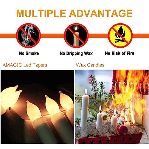 Amagic 12 Pcs Flameless LED Taper Candles, No Remote, Magical Hanging Floating Candles, Battery Operated Candlesticks, Electric Fake Candles Flickering 6.5" for Halloween Party Church Christmas Decor