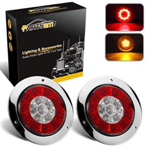 partsam 4" inch round truck trailer led tail stop brake lights taillights running red and amber parking turn signal lights, sealed dual color round led lights w/miro-reflectors flange mount (2pack)
