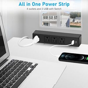 Type-C Under Desk Power Strip, Adhesive Wall Mount Power Strip with USB C Ports, Power Strip Socket Outlet, 4 AC Plug.20W 2 USB-A,1 PD Fast Charging 18W USB-C for Kitchen, Office, Home, Hotel (Black)