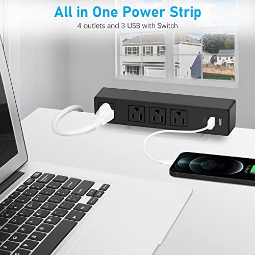 Type-C Under Desk Power Strip, Adhesive Wall Mount Power Strip with USB C Ports, Power Strip Socket Outlet, 4 AC Plug.20W 2 USB-A,1 PD Fast Charging 18W USB-C for Kitchen, Office, Home, Hotel (Black)