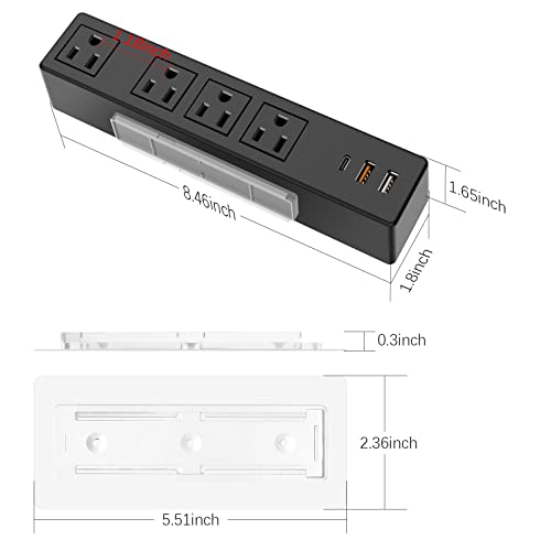 Type-C Under Desk Power Strip, Adhesive Wall Mount Power Strip with USB C Ports, Power Strip Socket Outlet, 4 AC Plug.20W 2 USB-A,1 PD Fast Charging 18W USB-C for Kitchen, Office, Home, Hotel (Black)