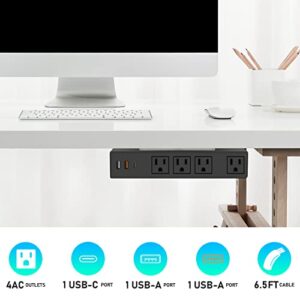 Type-C Under Desk Power Strip, Adhesive Wall Mount Power Strip with USB C Ports, Power Strip Socket Outlet, 4 AC Plug.20W 2 USB-A,1 PD Fast Charging 18W USB-C for Kitchen, Office, Home, Hotel (Black)