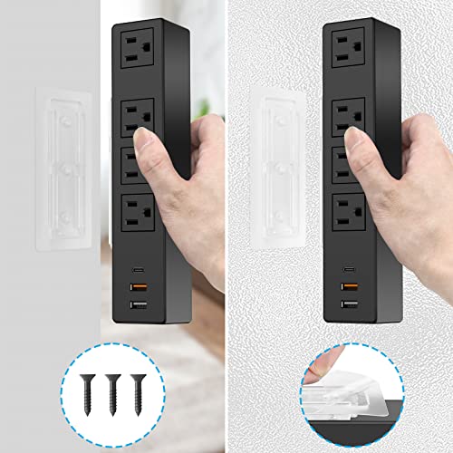 Type-C Under Desk Power Strip, Adhesive Wall Mount Power Strip with USB C Ports, Power Strip Socket Outlet, 4 AC Plug.20W 2 USB-A,1 PD Fast Charging 18W USB-C for Kitchen, Office, Home, Hotel (Black)