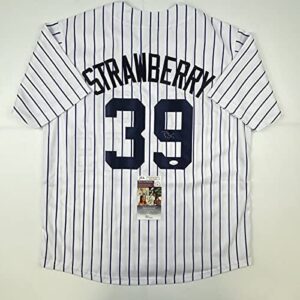 autographed/signed darryl strawberry new york pinstripe baseball jersey jsa coa