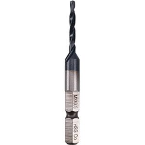hymnorq metric m3 x 0.5 black tiain finish hss co m35 drill and tap combination bit with 1/4” hex shank and self centering split point for aluminum iron and stainless steel