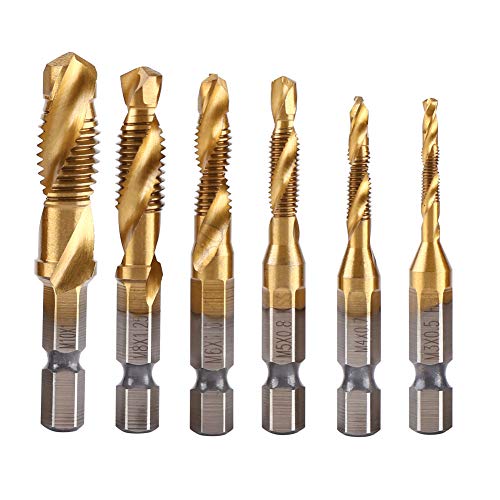 Hex Shank Drill Bits 6pcs Spiral Drill Bit HSS Combination Drill Tap Bit Hex Shank Countersink Tap Drill Bit Set Titanium Coated Countersink Bit 6pcs Combination Drill and Tap Set