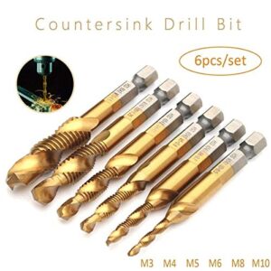 Hex Shank Drill Bits 6pcs Spiral Drill Bit HSS Combination Drill Tap Bit Hex Shank Countersink Tap Drill Bit Set Titanium Coated Countersink Bit 6pcs Combination Drill and Tap Set