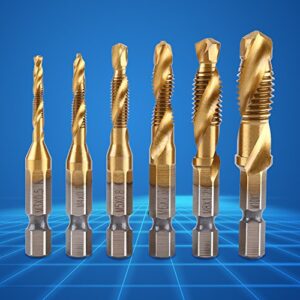 Hex Shank Drill Bits 6pcs Spiral Drill Bit HSS Combination Drill Tap Bit Hex Shank Countersink Tap Drill Bit Set Titanium Coated Countersink Bit 6pcs Combination Drill and Tap Set