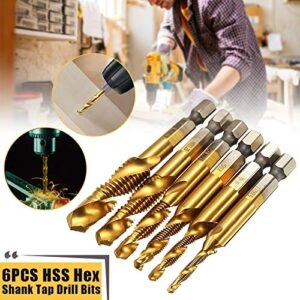 Hex Shank Drill Bits 6pcs Spiral Drill Bit HSS Combination Drill Tap Bit Hex Shank Countersink Tap Drill Bit Set Titanium Coated Countersink Bit 6pcs Combination Drill and Tap Set