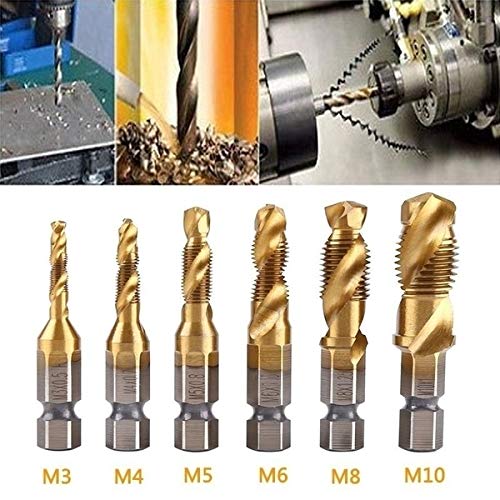 Hex Shank Drill Bits 6pcs Spiral Drill Bit HSS Combination Drill Tap Bit Hex Shank Countersink Tap Drill Bit Set Titanium Coated Countersink Bit 6pcs Combination Drill and Tap Set