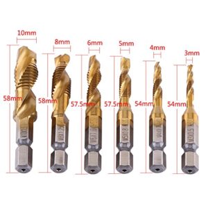 Hex Shank Drill Bits 6pcs Spiral Drill Bit HSS Combination Drill Tap Bit Hex Shank Countersink Tap Drill Bit Set Titanium Coated Countersink Bit 6pcs Combination Drill and Tap Set