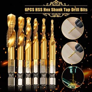 Hex Shank Drill Bits 6pcs Spiral Drill Bit HSS Combination Drill Tap Bit Hex Shank Countersink Tap Drill Bit Set Titanium Coated Countersink Bit 6pcs Combination Drill and Tap Set