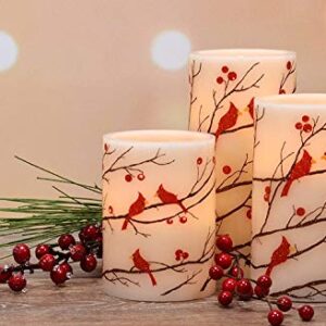 Mark Feldstein & Associates Flameless LED Glitter Berries and Cardinals Wax Pillar Candles with Timer, 3pc Set