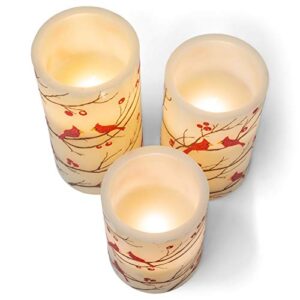 Mark Feldstein & Associates Flameless LED Glitter Berries and Cardinals Wax Pillar Candles with Timer, 3pc Set