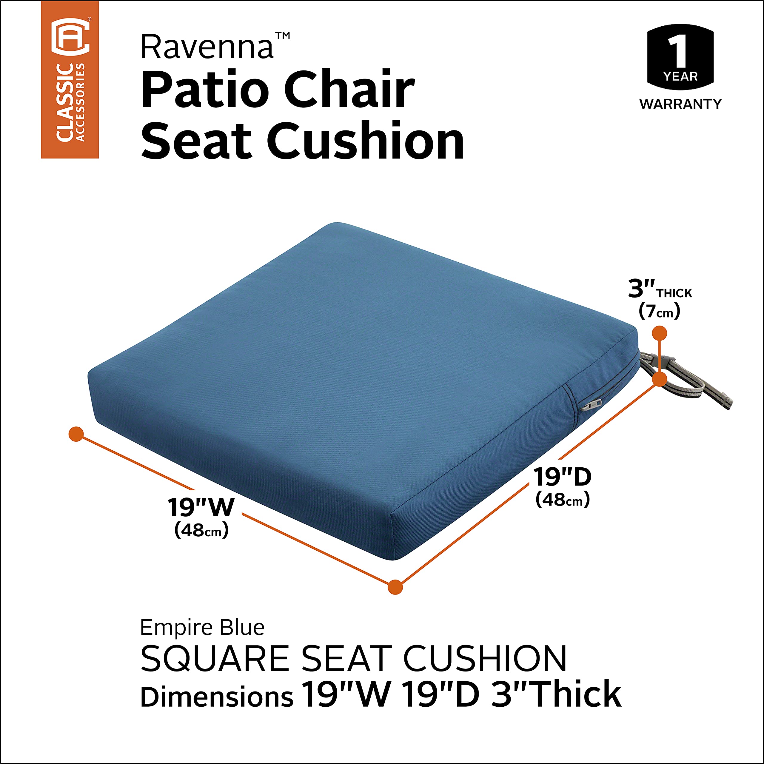 Classic Accessories Ravenna Water-Resistant 19 x 19 x 3 Inch Patio Seat Cushion, Empire Blue, Chair Seat Cushion