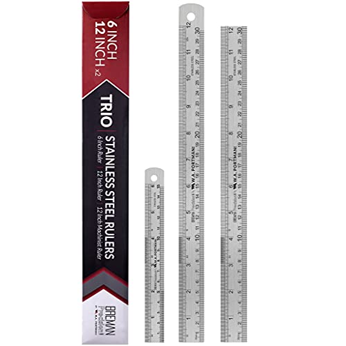 Breman Precision 3 Pack Metal Ruler Set - 1 6 Inch Ruler & 2 12 Inch Metal Rulers - Metal Straight Edge Ruler Set - Metal Ruler 12 Inch & 6 Inch - Inches & Millimeter Ruler - Precision Ruler Set