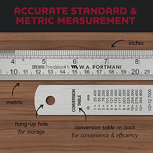 Breman Precision 3 Pack Metal Ruler Set - 1 6 Inch Ruler & 2 12 Inch Metal Rulers - Metal Straight Edge Ruler Set - Metal Ruler 12 Inch & 6 Inch - Inches & Millimeter Ruler - Precision Ruler Set