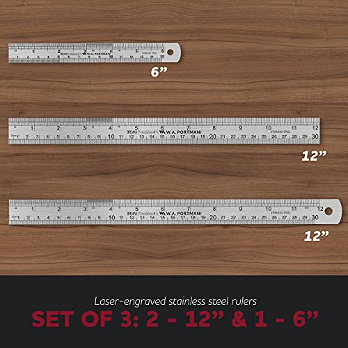 Breman Precision 3 Pack Metal Ruler Set - 1 6 Inch Ruler & 2 12 Inch Metal Rulers - Metal Straight Edge Ruler Set - Metal Ruler 12 Inch & 6 Inch - Inches & Millimeter Ruler - Precision Ruler Set