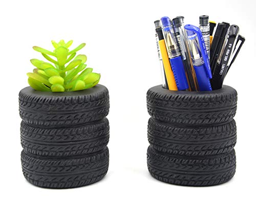 MONMOB Tire Shaped Planter Pencil Holder Pen Holder for Desk Home Office Accessories Organizer Succulent Cactus Planter Pot (Pack of 2)