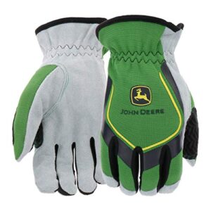john deere men's split cowhide leather palm gloves, cut resistant, keystone thumb, flexible fit, green/black, 2x-large (jd00035-2xl)