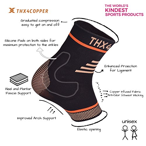 Thx4 Copper Infused Compression Ankle Brace, Silicone Ankle Sleeve Support, Pain Relief from Plantar Fasciitis, Achilles Tendonitis - Reduce Foot Swelling & Prevent Ankle Injuries - (Single)