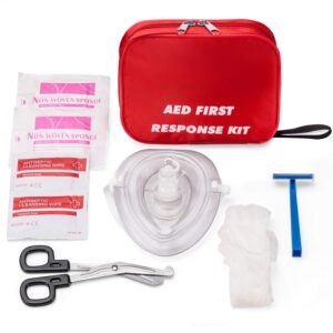 aed first kit with cpr, gloves, razor, scissors, gauze pads, and cleansing wipes for aed training