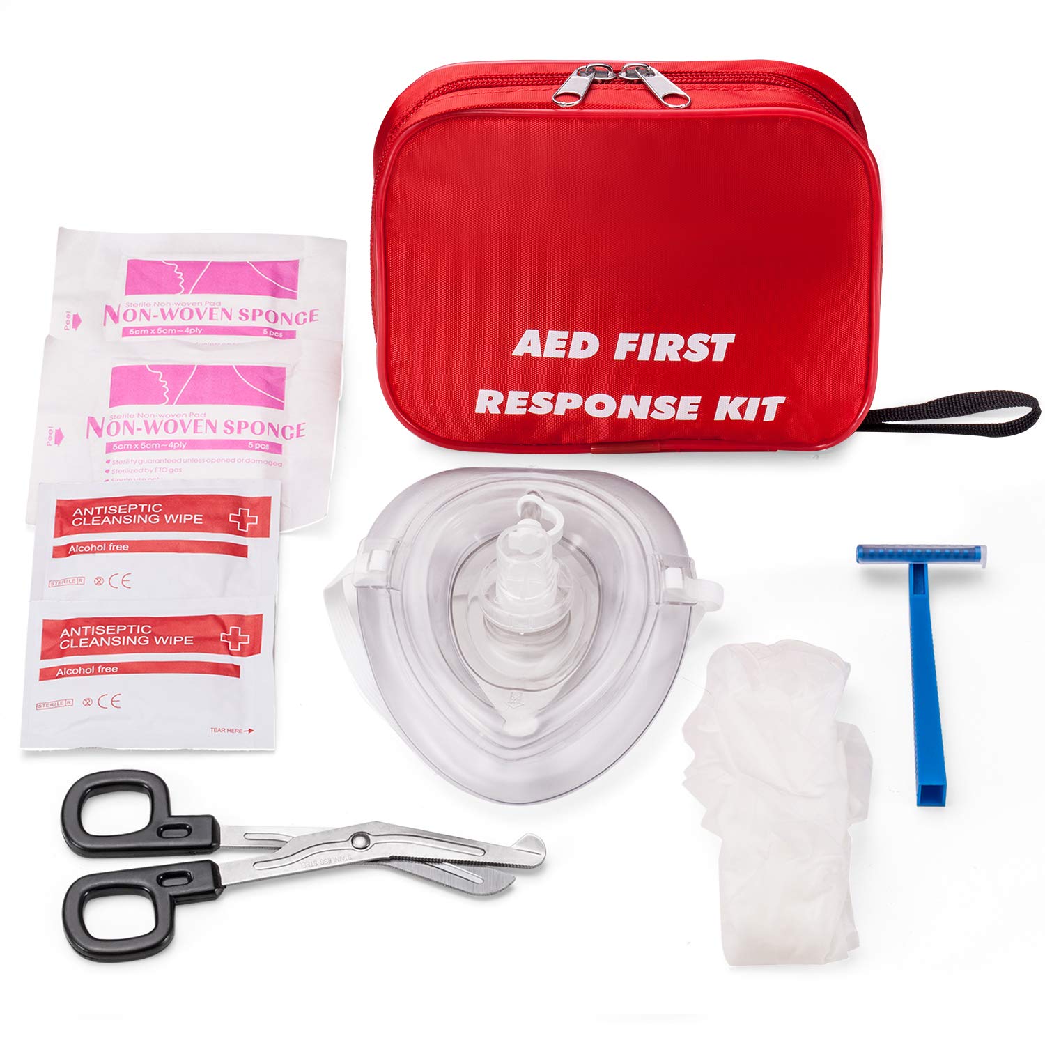 AED First Kit with CPR, Gloves, Razor, Scissors, Gauze Pads, and Cleansing Wipes for AED Training