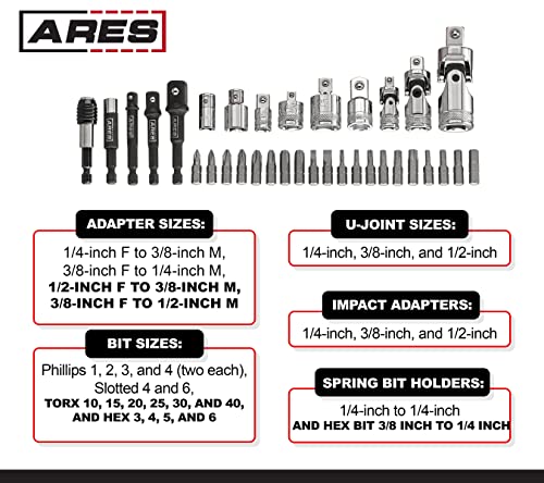 ARES 70751-34-Piece Socket Accessory Set - Includes Adapters, Universal Joints, Bit Holders, and Bits - Magnetic Organizer for Ideal Accessory Storage