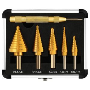 comoware step drill bit set 5-piece titanium-coated with automatic center punch - short length, double cutting blades, high-speed steel - covering 50 sizes, complete with aluminum case