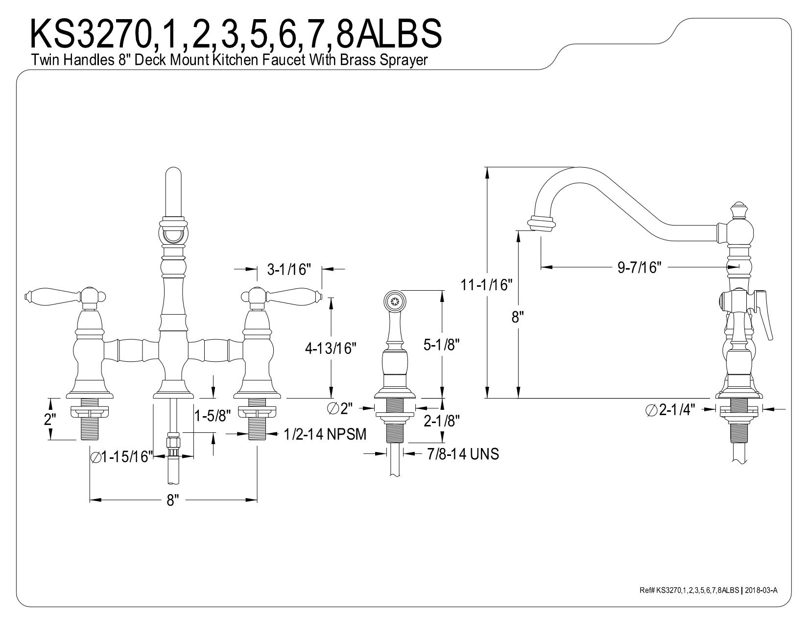 Kingston Brass KS3278ALBS Restoration Bridge Kitchen Faucet, 9-7/16 Inch in Spout Reach, Brushed Nickel