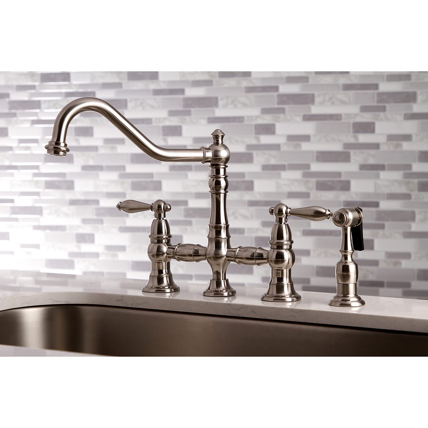 Kingston Brass KS3278ALBS Restoration Bridge Kitchen Faucet, 9-7/16 Inch in Spout Reach, Brushed Nickel