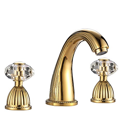 YUELIFE Bathroom Sink Faucet 3 Hole Deck Mounted Widespread Brass Bathroom Faucet Crystal Handle Mixer Tap,Gold(Ti-PVD)