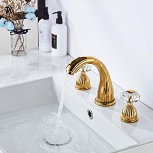 YUELIFE Bathroom Sink Faucet 3 Hole Deck Mounted Widespread Brass Bathroom Faucet Crystal Handle Mixer Tap,Gold(Ti-PVD)