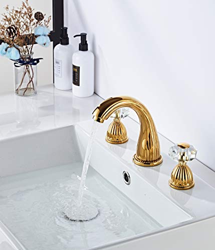 YUELIFE Bathroom Sink Faucet 3 Hole Deck Mounted Widespread Brass Bathroom Faucet Crystal Handle Mixer Tap,Gold(Ti-PVD)