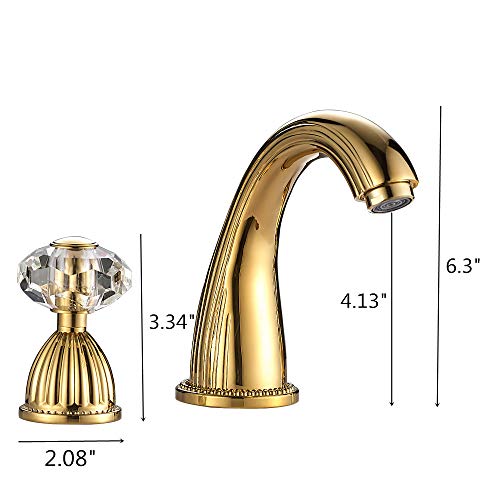 YUELIFE Bathroom Sink Faucet 3 Hole Deck Mounted Widespread Brass Bathroom Faucet Crystal Handle Mixer Tap,Gold(Ti-PVD)