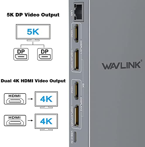 WAVLINK USB3.0 Dual 4K Laptop Docking Station, USB C to Single 5K@60Hz or Dual 4K@60Hz Video Outputs Dual Monitor for Windows (2xDisplayport, 2xHDMI, 6 USB 3.0 Port, LAN, Audio)