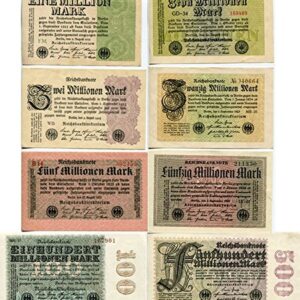 DE 1923 HYGRADE HYPERINFLATION COLLECTION!! RARE ORIG COLORFUL 1, 2, 5, 10, 20, 50, 100 & 500 MILLION MARK BILLS! Vry Fine Plus to Uncirculated