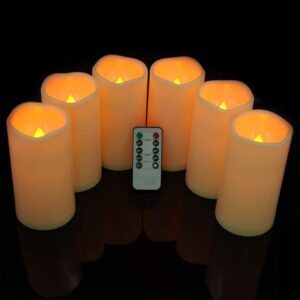 Amagic 3" x 6" Outdoor Waterproof Flameless Candles - Battery Operated LED Pillar Candles with Remote Control and Timers, Ivory, Plastic, Set of 6