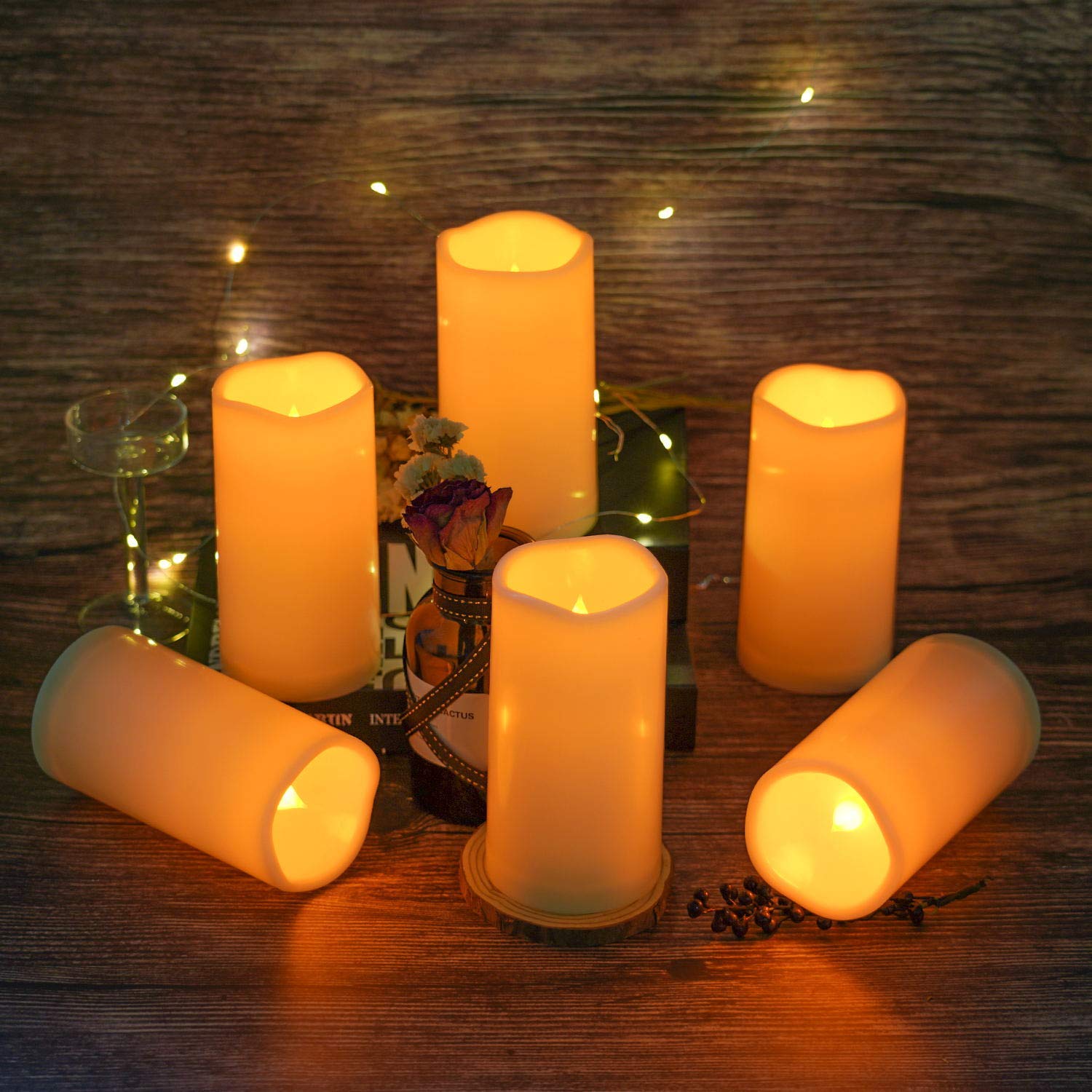 Amagic 3" x 6" Outdoor Waterproof Flameless Candles - Battery Operated LED Pillar Candles with Remote Control and Timers, Ivory, Plastic, Set of 6