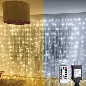 lighting ever dual color curtain lights warm & white, 10 ft x 10 ft 300 led backdrop lights with remote/timer/dimmer/9 modes, indoor outdoor hanging fairy lights for bedroom, wedding party, patio