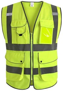 xiake 9 pockets class 2 high visibility reflective safety vest men women work construction vest zipper front meets ansi standards(yellow,large)