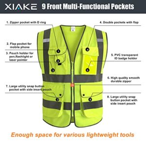 XIAKE 9 Pockets Class 2 High Visibility Reflective Safety Vest Men Women Work Construction Vest Zipper Front Meets ANSI Standards(Yellow,Large)